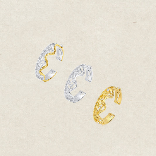 Leavers lace ruffle stacking open ring in two tone