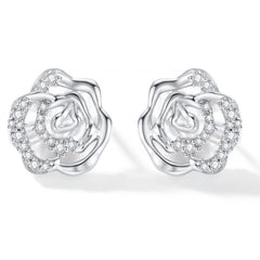 Blooming rose stud earrings with black agete, mother of pearl, mother of pearl (Silver), blue chalcedony, pink chalcedony; Blooming rose ear clips with black agete, mother of pearl