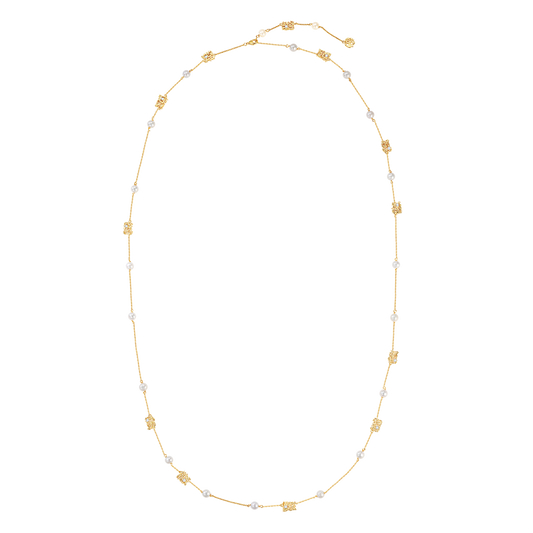 Long necklace with leavers lace fragments & fresh-water pearl drops