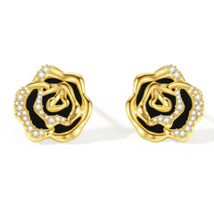 Blooming rose stud earrings with black agete, mother of pearl, mother of pearl (Silver), blue chalcedony, pink chalcedony; Blooming rose ear clips with black agete, mother of pearl