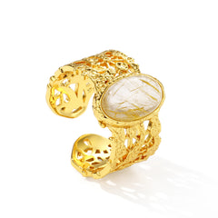 Leavers lace open ring with gold rutilated crystal