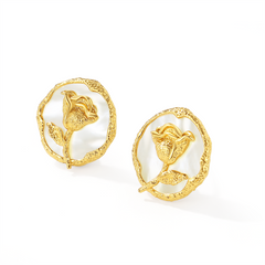 Rose round stud earrings with mother of pearl in lava texture
