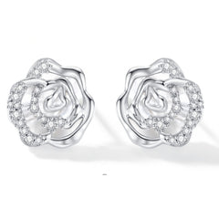 Blooming rose stud earrings with black agete, mother of pearl, mother of pearl (Silver), blue chalcedony, pink chalcedony; Blooming rose ear clips with black agete, mother of pearl