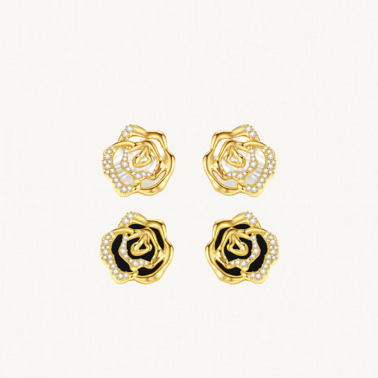 Blooming rose stud earrings with black agete, mother of pearl, mother of pearl (Silver), blue chalcedony, pink chalcedony; Blooming rose ear clips with black agete, mother of pearl