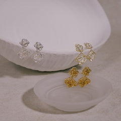 OOAK Leavers lace double-ripple stud earrings in two tone
