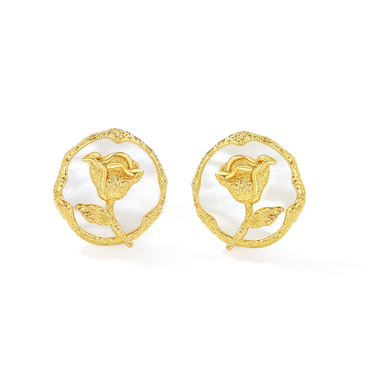 Rose round stud earrings with mother of pearl in lava texture