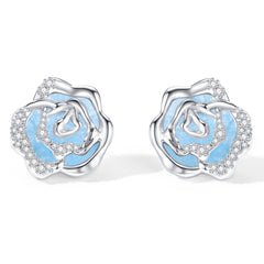 Blooming rose stud earrings with black agete, mother of pearl, mother of pearl (Silver), blue chalcedony, pink chalcedony; Blooming rose ear clips with black agete, mother of pearl