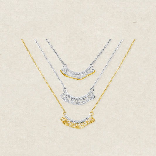 Leavers lace ruffle smile pendant necklace in two tone