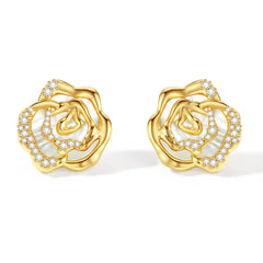 Blooming rose stud earrings with black agete, mother of pearl, mother of pearl (Silver), blue chalcedony, pink chalcedony; Blooming rose ear clips with black agete, mother of pearl