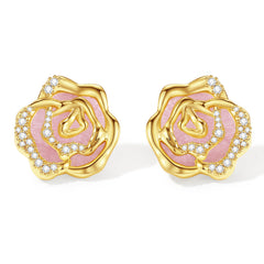 Blooming rose stud earrings with black agete, mother of pearl, mother of pearl (Silver), blue chalcedony, pink chalcedony; Blooming rose ear clips with black agete, mother of pearl