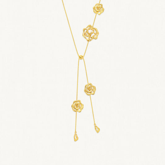 Adjustable long necklace with movable blooming rose drops