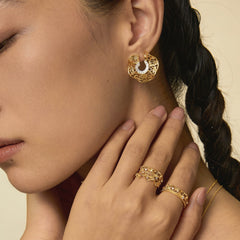 Leavers lace ruffle stud earrings in two tone\Gloden\Silver