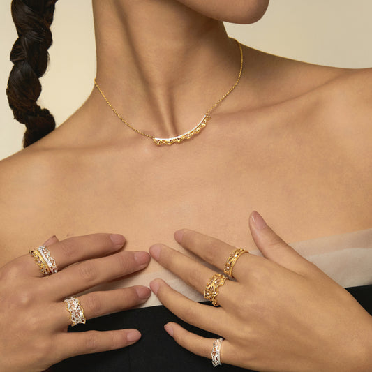 Leavers lace ruffle stacking open ring in two tone