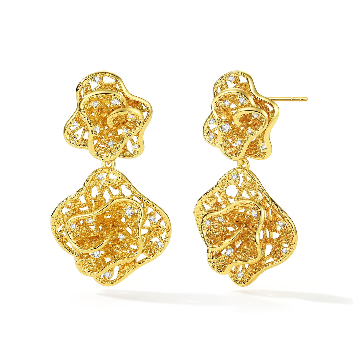 Leavers lace double-ripple stud earrings in two tone