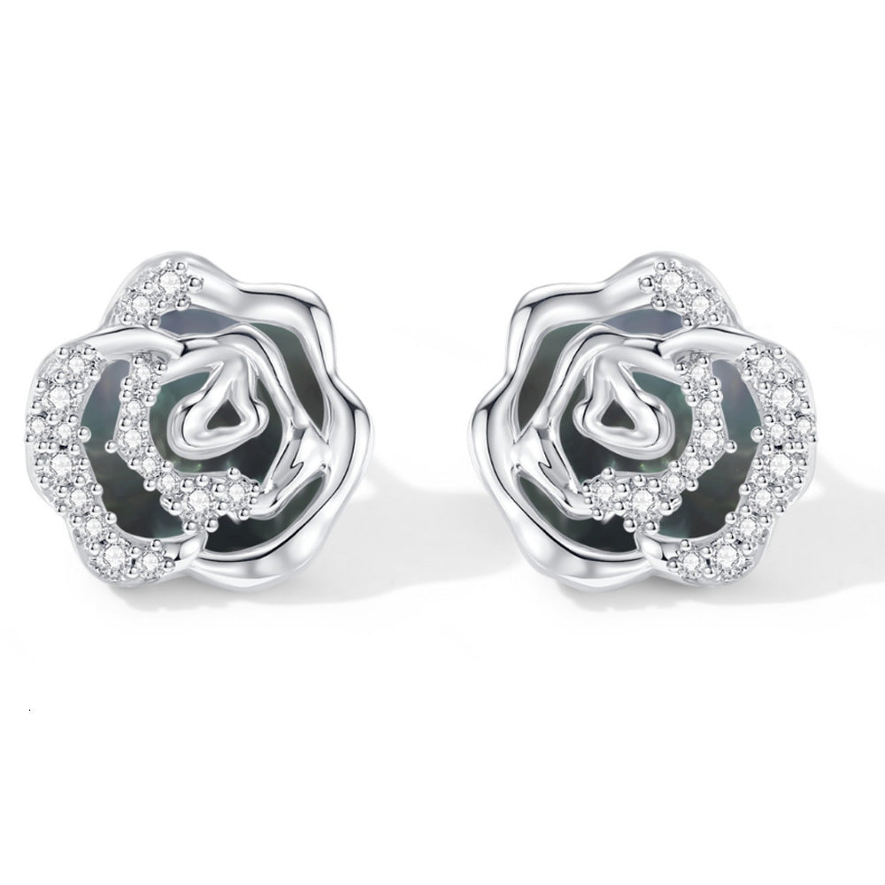 Mini blooming rose stud earrings with grey mother of pearl (Silver)