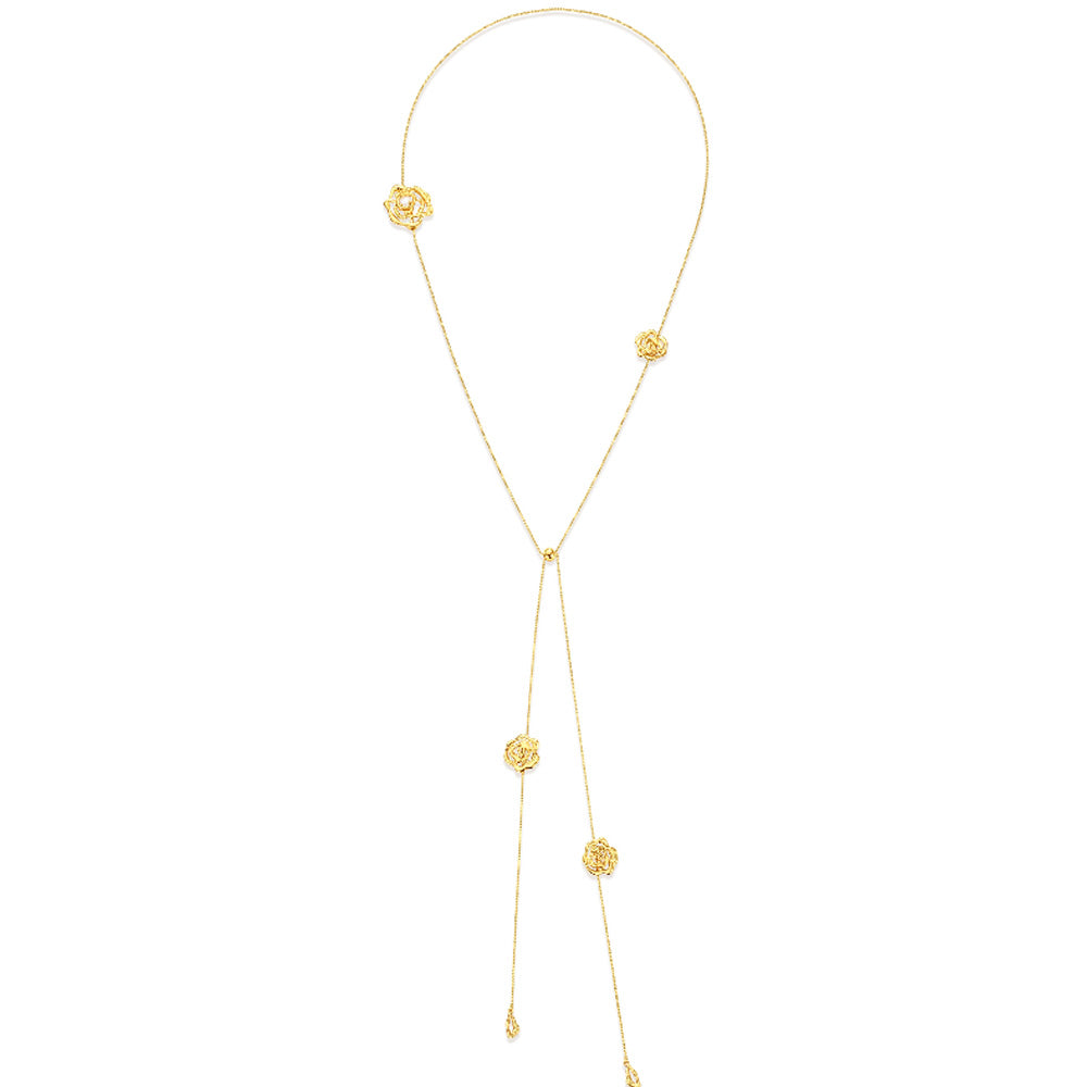 Adjustable long necklace with movable blooming rose drops