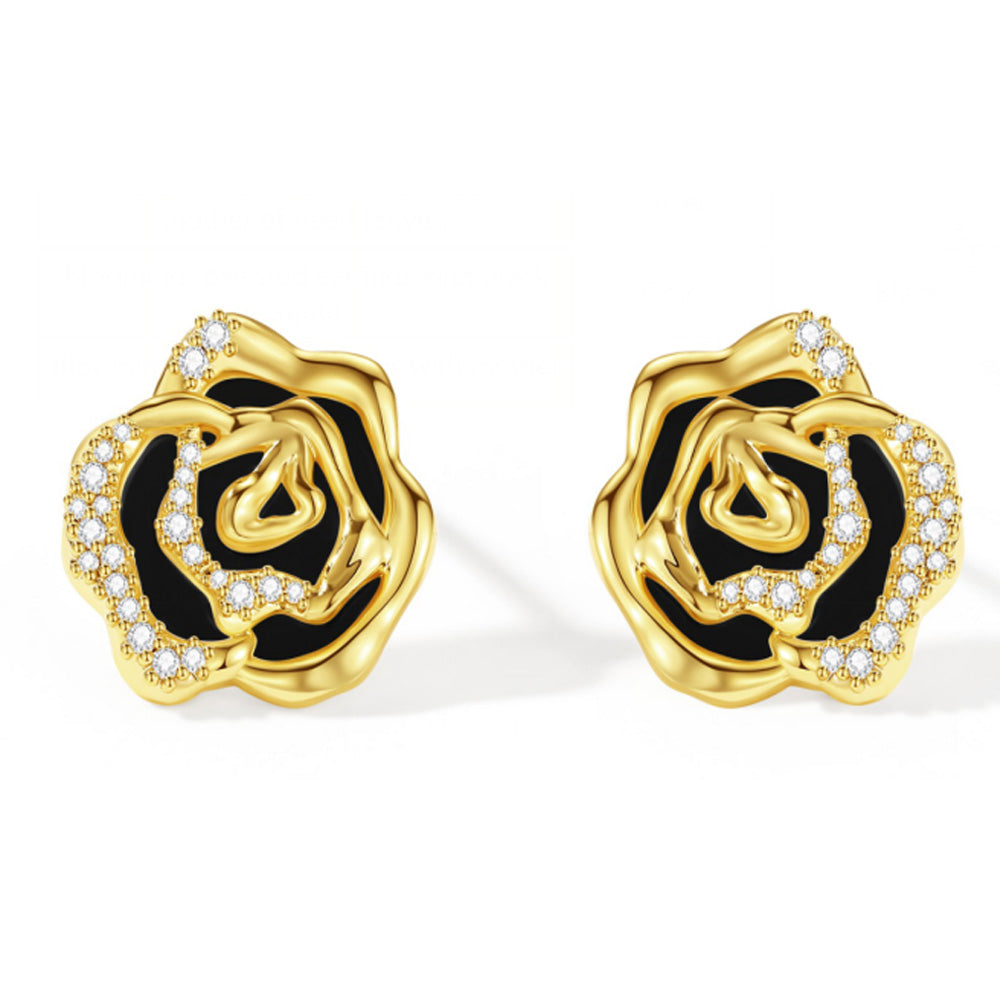 Blooming rose stud earrings with black agete, mother of pearl, mother of pearl (Silver), blue chalcedony, pink chalcedony; Blooming rose ear clips with black agete, mother of pearl