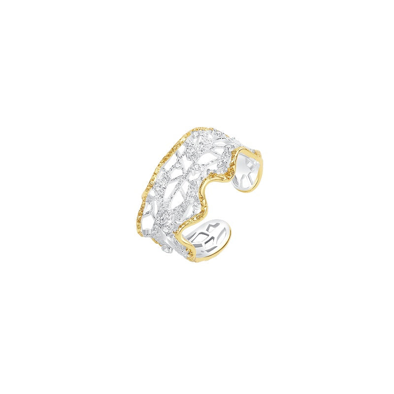 Medium leavers lace ruffle stacking open ring in two tone