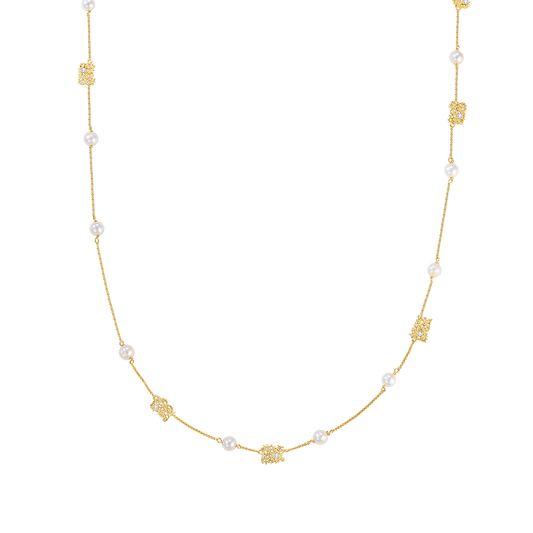 Long necklace with leavers lace fragments & fresh-water pearl drops