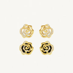 Blooming rose stud earrings with black agete, mother of pearl, mother of pearl (Silver), blue chalcedony, pink chalcedony; Blooming rose ear clips with black agete, mother of pearl