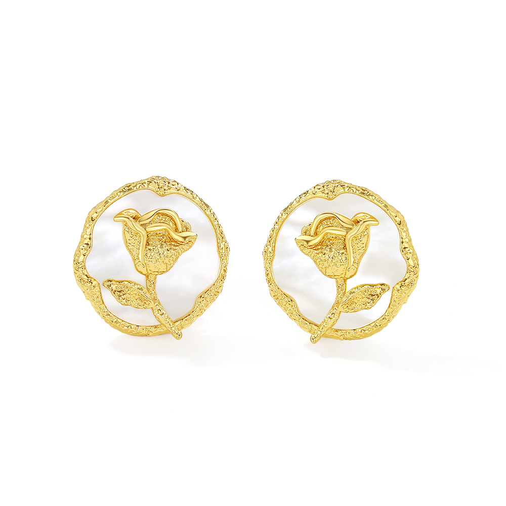 Rose round stud earrings with  mother of pearl in lava texture