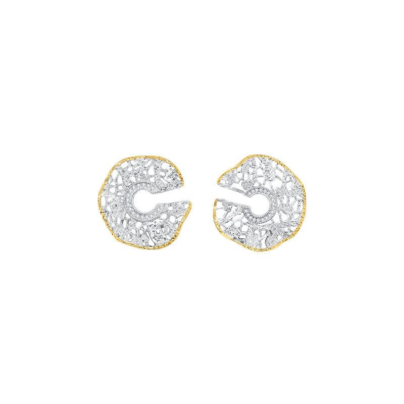 Leavers lace ruffle stud earrings in two tone\Gloden\Silver