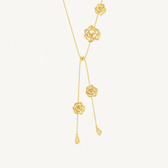 Adjustable long necklace with movable blooming rose drops